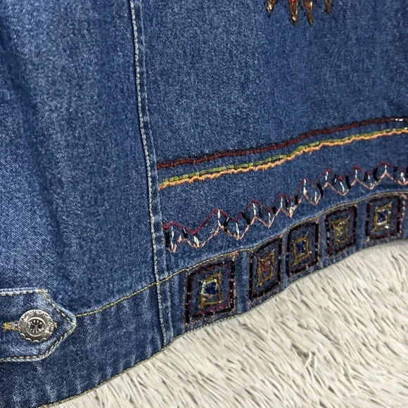 Vintage 90's Artsy Bohohemian Whimsy Celestial Beaded Aztec Denim Jacket Medium - Picture 3 of 11